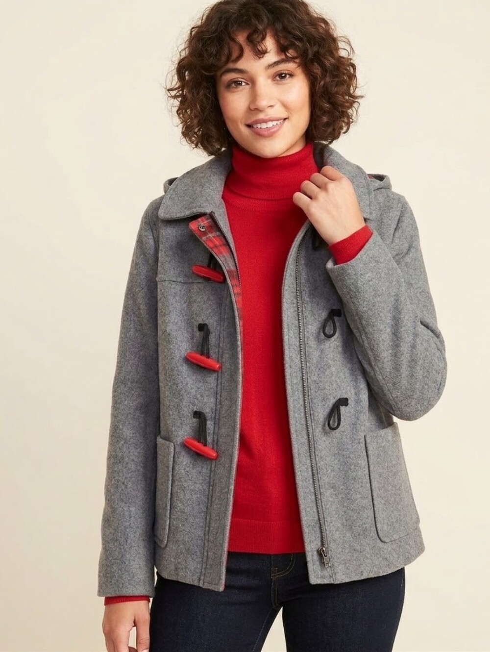 Old Navy Gray Wool Coat with Red Trim